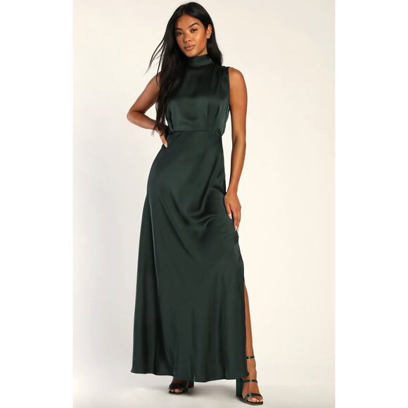 Lulu's Dresses & Skirts - Lulus Classic Elegance Green Satin Sleeveless Mock Neck Maxi Dress Medium NWT